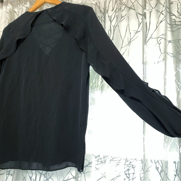 KOBI HALPERIN black Lace Up v-neck Ruffle Trim long sleeve Silk Blouse top - Picture 5 of 7